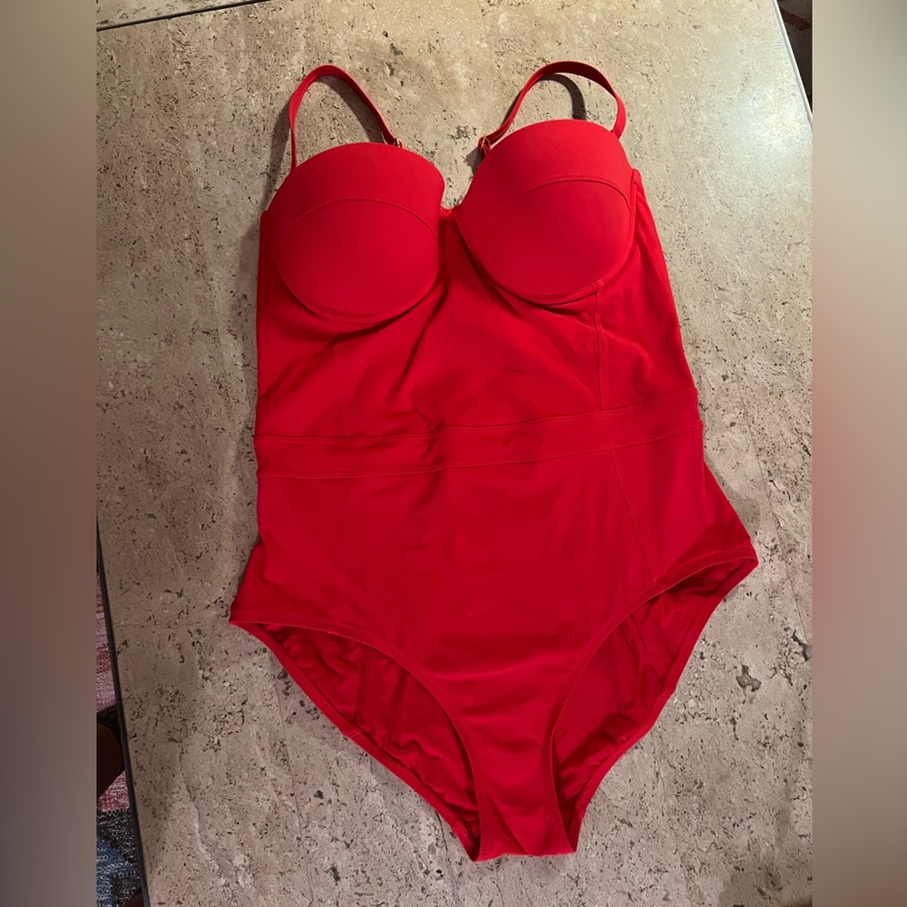 EUC Tory Burch Poppy Red Lipsi One-Piece Color Block Swimsuit Large 12